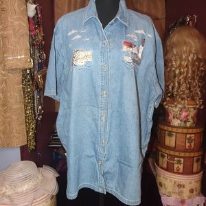 Bobbie Brooks Chambray Seaside Scene Shirt 22W/24W